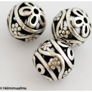 Metallihelmi filigree pallo 14 mm antiikkihopea, 2 kpl