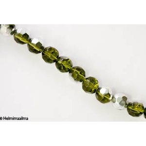 Kristallihelmi särmikäs pyöreä 10 mm, vihertävä puolihopeoitu, n. 34 cm nauha