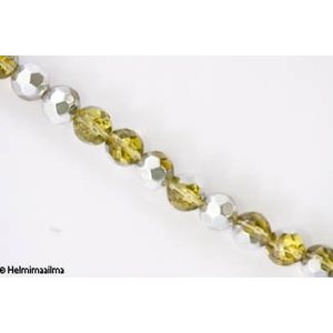 Kristallihelmi särmikäs pyöreä 10 mm, kellertävä puolihopeoitu, n. 34 cm nauha
