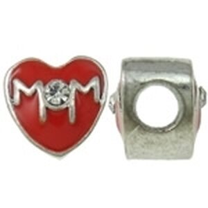 Pandora metallihelmi emaloitu punainen sydän MOM kirkkaalla kristallilla 11 x 11 mm, 1 kpl