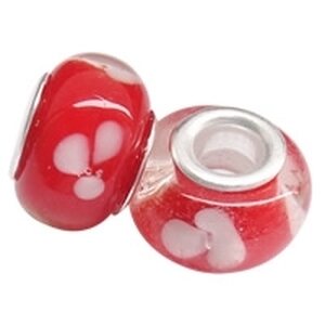 Pandora lamppuhelmi punainen valkoisilla kukilla 14 x 10 mm, 1 kpl