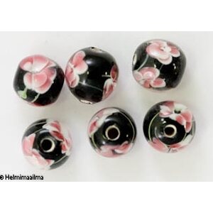 Lamppuhelmi kukkakuvio musta pyöreä 14 mm, 1 kpl