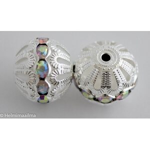 Metallihelmi filigree pyöreä 16x17 mm hopeanvärinen kirkkailla strasseilla, 1 kpl