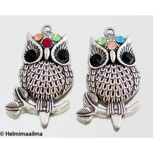 Riipus pöllö eri värisillä strasseilla 44 x 25 mm antiikkihopea, 1 kpl