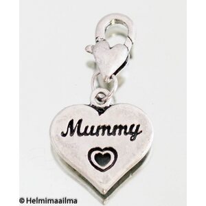 Riipus papukaijalukolla sydän "Mummy" n. 16,5 mm antiikkihopea, 1 kpl