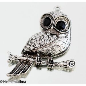 Riipus pöllö mustilla ja kirkkailla strasseilla 44 x 53 mm antiikkihopea, 1 kpl