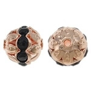 Metallihelmi filigree pyöreä 10 mm mustilla kristalleilla ruusukullan värinen, 1 kpl