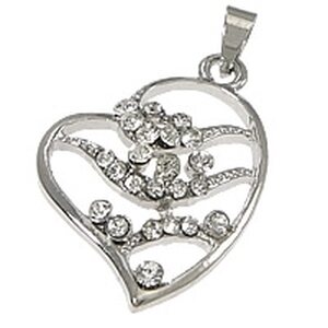 Riipus sydän kirkkailla kristalleilla platinanvärinen ripustuslenkillä 19 x 26 mm, 1 kpl
