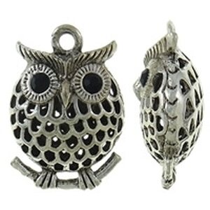 Riipus pöllö 3D mustilla kristalleilla antiikkihopea 35 x 25 x 12 mm, 1 kpl