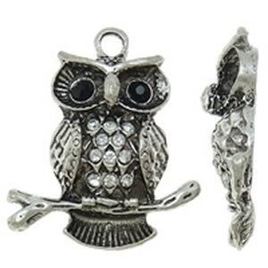 Riipus pöllö kirkkailla ja mustilla kristalleilla antiikkihopea 42 x 35 mm, 1 kpl