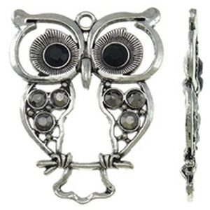 Riipus pöllö hematiitin värisillä ja mustilla kristalleilla 56 x 45 mm antiikkihopea, 1 kpl