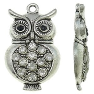 Riipus pöllö kirkkailla kristalleilla 34 x 19 mm antiikkihopea, 1 kpl