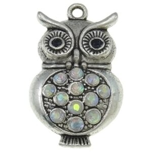 Riipus pöllö kirkkailla AB kristalleilla 34 x 19 mm antiikkihopea, 1 kpl