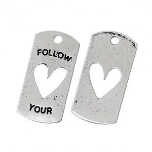 Riipus "Follow your (heart)" 20 x 10 mm antiikkihopea, 5 kpl