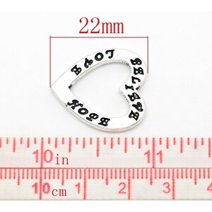 Metallihelmi sydän 22x20 mm "BELIEVE LOVE HOPE" antiikkihopea, 1 kpl