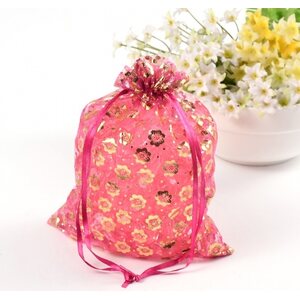 Organzapussi, pinkki kullanväriset kukkakuviot, 15cmx20cm, 1kpl