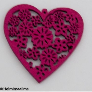 Riipus puinen sydän kukkafiligreekuvioilla fuksianpunainen 40 mm, 2 kpl