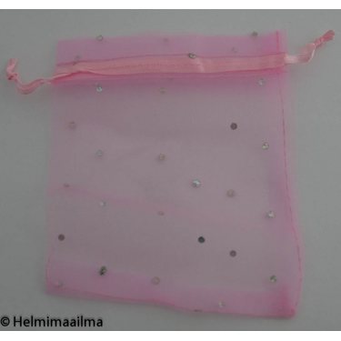 Organzapussi vaaleanpunainen hopeanvärisillä paljeteilla 10 X 12 cm, 1 kpl
