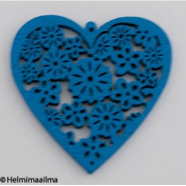 Riipus puinen sydän kukkafiligreekuvioilla sininen 40 mm, 2 kpl