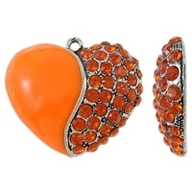 Riipus sydän emaloitu oranssi oransseilla kristalleilla antiikkihopea 48 x 42 x 10 mm, 1 kpl