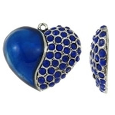 Riipus sydän emaloitu sininen sinisillä kristalleilla antiikkihopea 48 x 42 x 10 mm, 1 kpl