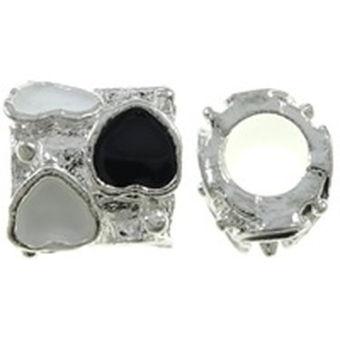 Pandora metallihelmi emaloiduilla mustilla ja valkoisilla sydämillä hopeanvärinen, 9 x 10 mm, 1 kpl