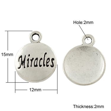 Riipus "Miracles" pyöreä 12 mm antiikkihopea, 10 kpl