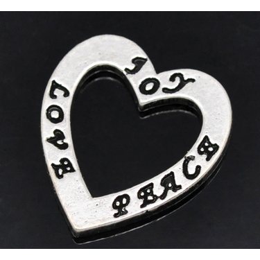 Metallihelmi sydän 22x20 mm "JOY LOVE PEACE", 1 kpl