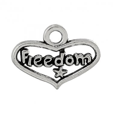 Riipus sydän "Freedom" 18 x 13 mm antiikkihopea, 5 kpl