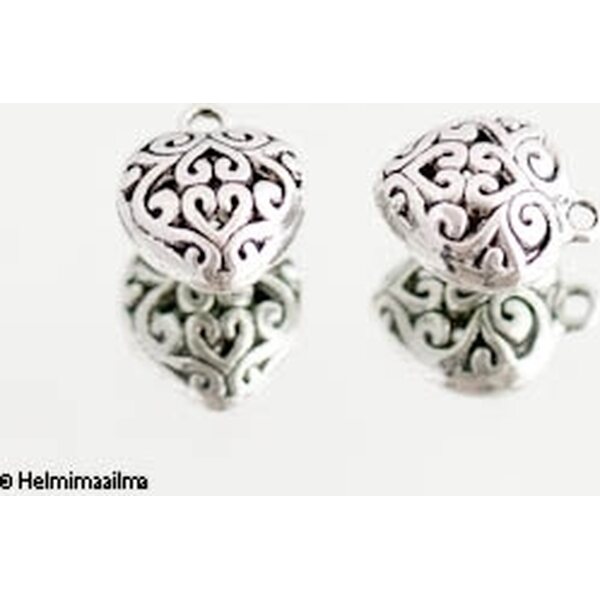 Riipus tiibetinhopeinen filigree sydän 13 mm, 2 kpl