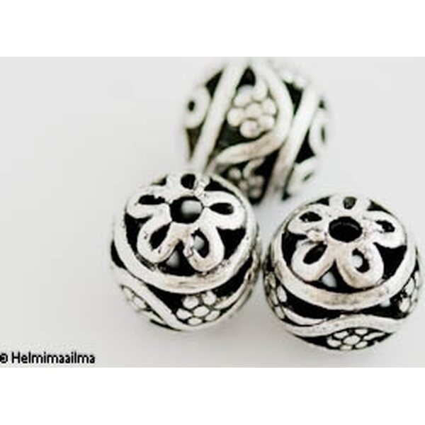 Metallihelmi filigree pallo 11 mm antiikkihopea, 2 kpl