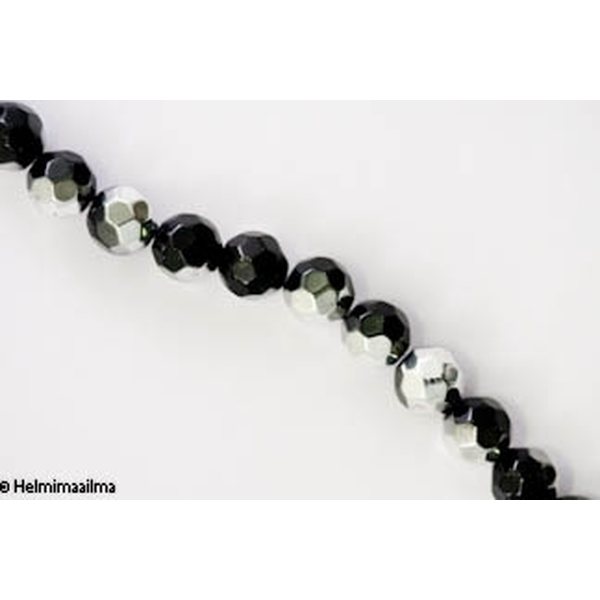 Kristallihelmi särmikäs pyöreä 10 mm, musta puoliksi hopeoitu, n, 34 cm nauha