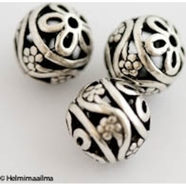 Metallihelmi filigree pallo 14 mm antiikkihopea, 2 kpl