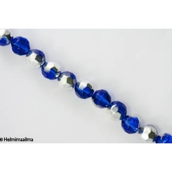 Kristallihelmi särmikäs pyöreä 10 mm, keskisininen puolihopeoitu, n. 34 cm nauha