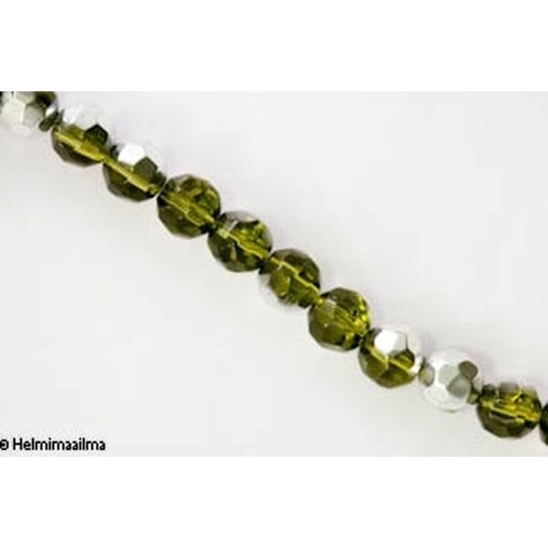 Kristallihelmi särmikäs pyöreä 10 mm, vihertävä puolihopeoitu, n. 34 cm nauha