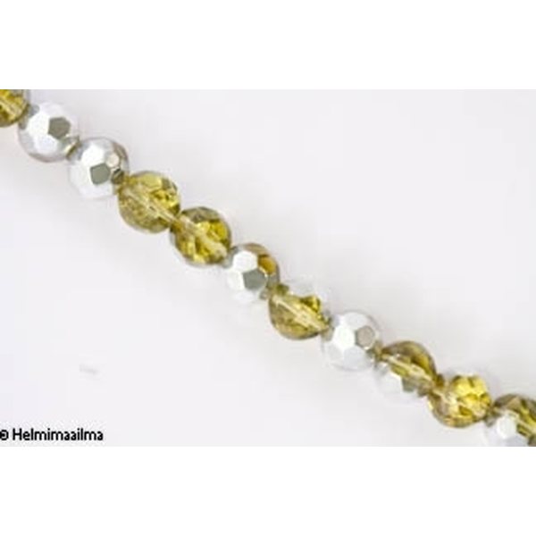 Kristallihelmi särmikäs pyöreä 10 mm, kellertävä puolihopeoitu, n. 34 cm nauha