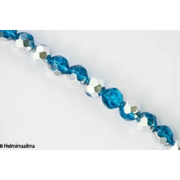 Kristallihelmi särmikäs pyöreä 10 mm, turkoosi puoliksi hopeoitu, n. 34 cm nauha