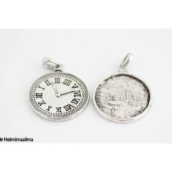 Täytettävä korupohja / riipus kello 30 mm antiikkihopea, 1 kpl