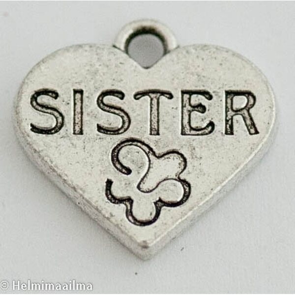 Riipus sydän "SISTER" 18 mm antiikkihopea, 4 kpl