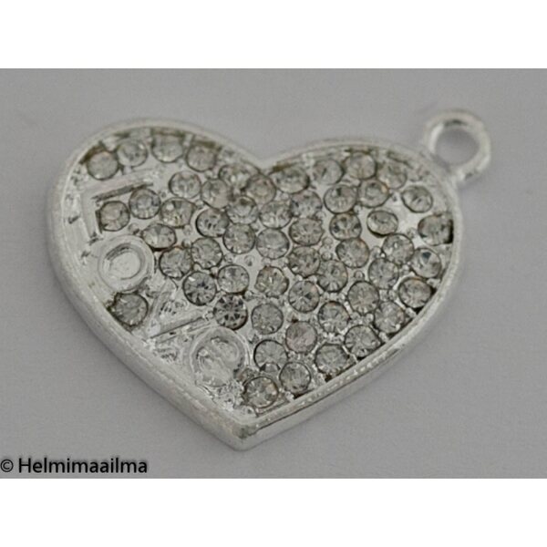 Riipus sydän 24 x 21 mm kirkkailla kristalleilla, teksti"LOVE" hopeanvärinen, 1 kpl