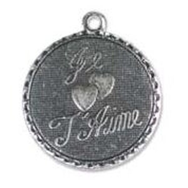 Trinity Brass Je T'Aime (rakastan sinua) riipus pyöreä 18 mm antiikkihopeoitu, 1 kpl