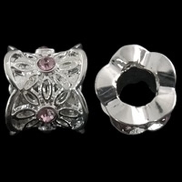 Pandora metallihelmi kukilla ja vaaleanpunaisilla kristalleilla 11 x 9 x 11 mm, hopeanvärinen, 1 kpl