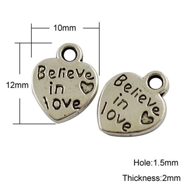Riipus sydän "Believe in love" 10 mm antiikkihopea, 10 kpl
