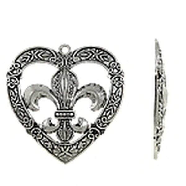 Riipus sydän fleur de lis kuviolla 56 mm antiikkihopea, 1 kpl