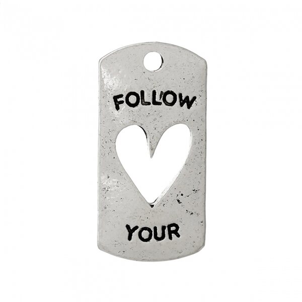Riipus "Follow your (heart)" 20 x 10 mm antiikkihopea, 5 kpl