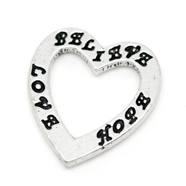 Metallihelmi sydän 22x20 mm "BELIEVE LOVE HOPE" antiikkihopea, 1 kpl