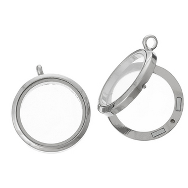 Medaljonkiriipus kirkas lasi hopeanvärisellä reunuksella n. 30 mm, 1 kpl