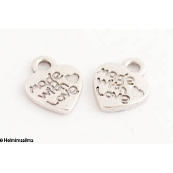 Maskotti riipus tiibetinhopeinen sydän "Made with love" antiikkihopea 10 x 12 mm, 8 kpl