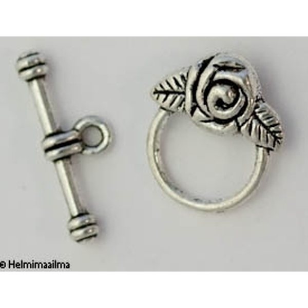 Tiibetinhopeinen salpalukko ruusukuviolla rengas halk. 15 mm, salpa 24 mm, 2 paria