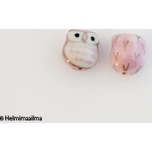 Posliinihelmi pöllö vaaleanpunainen n. 15x13,5 mm, 1 kpl